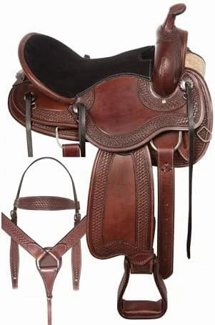 Leather Western Endurance Trail Horse Saddle Handmade Comfort with Horn Equestrian Horseback Riding Tack, Get Matching Headstall,Breast Collar & Reins Size:14"-18" inches Seat, LEWH07