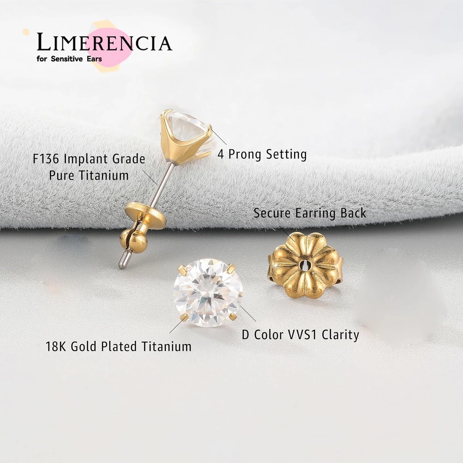Limerencia Moissanite Titanium Stud Earrings, D Color VVS1 Clarity Lab Created Moissanite Earrings, F136 Implant Grade Hypoallergenic Titanium Earrings for Women Men Sensitive Ears