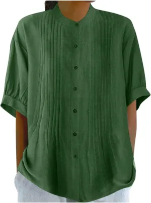 Linen Shirts for Women Casual Half Sleeve High Neck Blouses Casual Cotton Linen Lightweight Summer Boho Tops