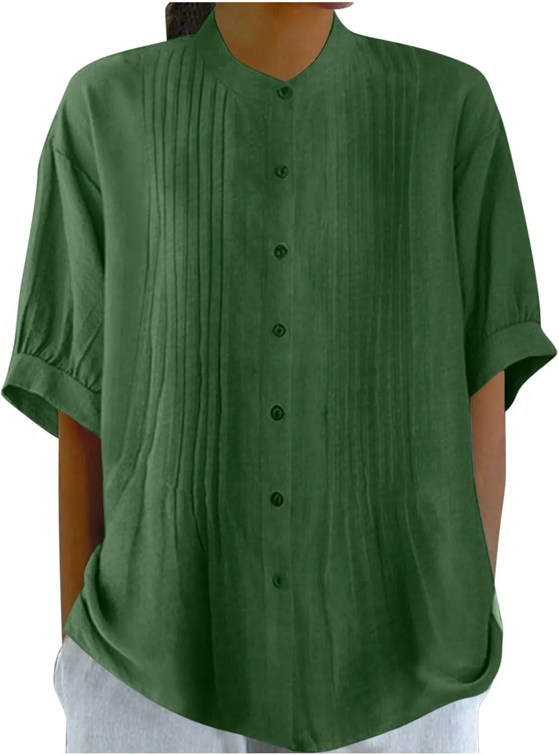 Linen Shirts for Women Casual Half Sleeve High Neck Blouses Casual Cotton Linen Lightweight Summer Boho Tops
