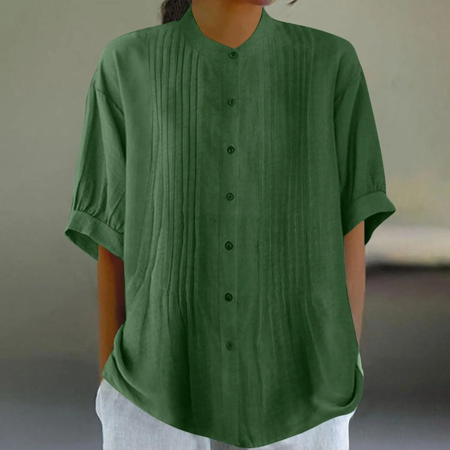 Linen Shirts for Women Casual Half Sleeve High Neck Blouses Casual Cotton Linen Lightweight Summer Boho Tops