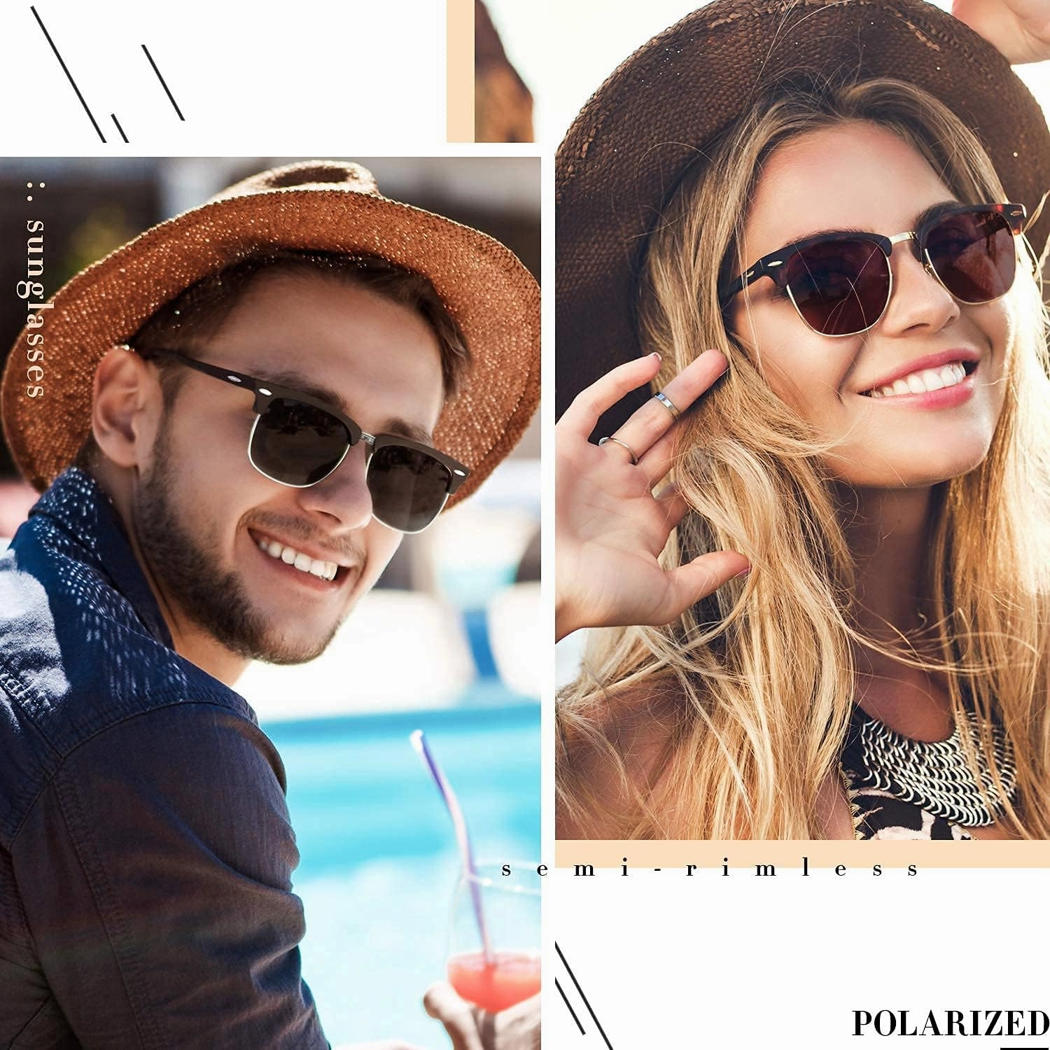 LINVO Polarized Semi Rimless Sunglasses for Men Women, Classic Retro Shades Half Frame Driving Sun Glasses UV Protection