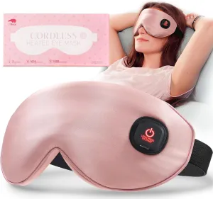 LitBear Silk Cordless Heated Eye Mask, Warm Eye Compress for Dry Eyes, Light Blocking Heat Eye Mask for Women Men, Soft Eye Heating Pad for Dry Eyes, Travel, Rechargeable, Washable Cover (Pink)