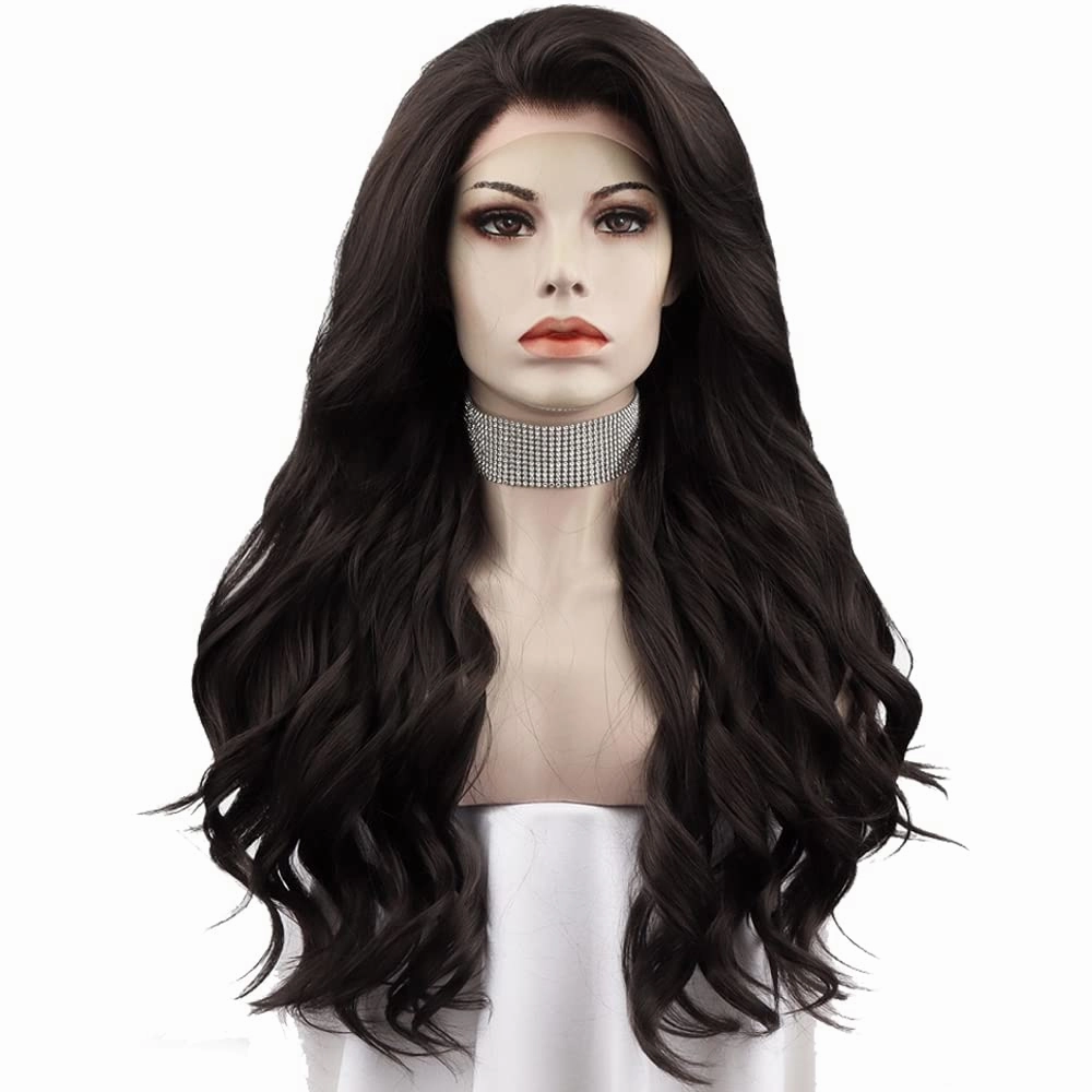Long Dark Brown Wavy Wigs Free Part Dark Brown Wig Natural Looking Synthetic Heat Resistant Fiber Wigs Hair for Women Daily Party Use 26 inches