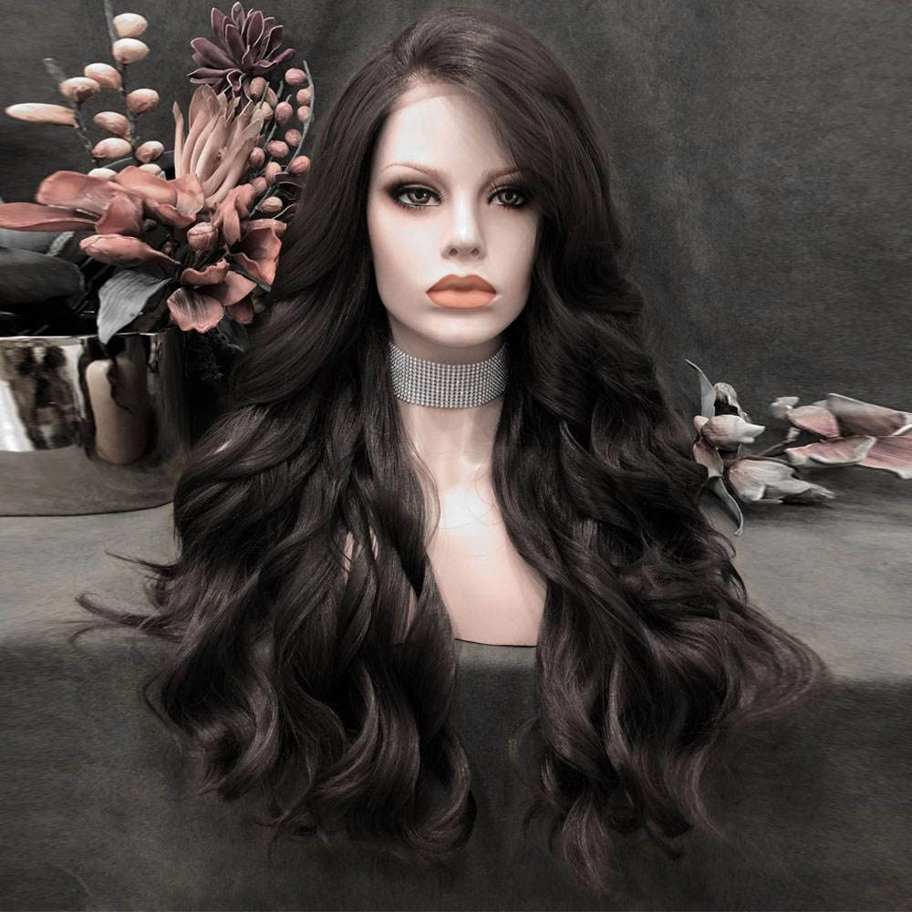 Long Dark Brown Wavy Wigs Free Part Dark Brown Wig Natural Looking Synthetic Heat Resistant Fiber Wigs Hair for Women Daily Party Use 26 inches
