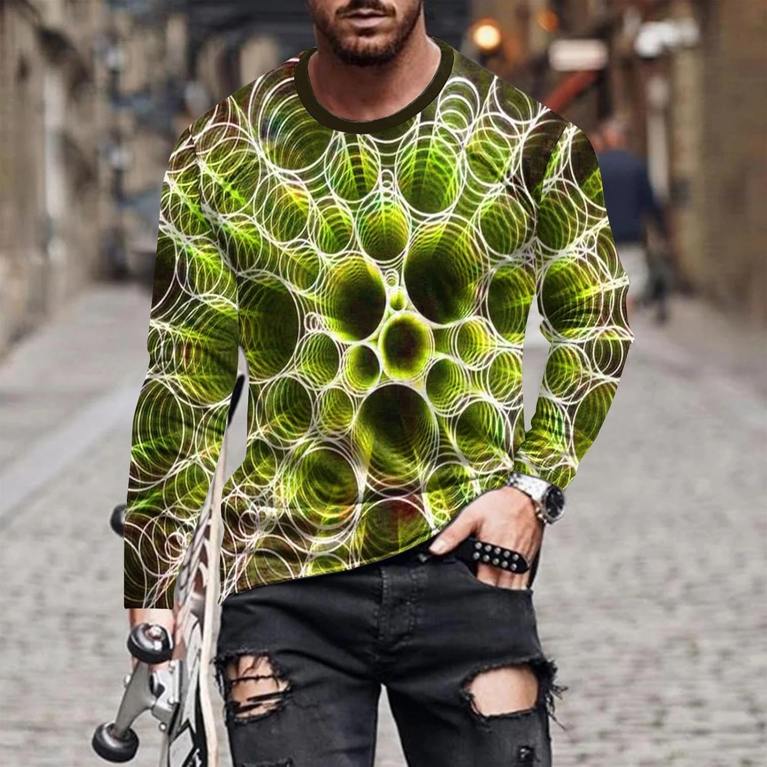 Long Sleeve Shirts for Men Funny 3D Print Graphic Tee Shirts Big and Tall Workout Tee Tops Casual Crewneck Sweatshirt