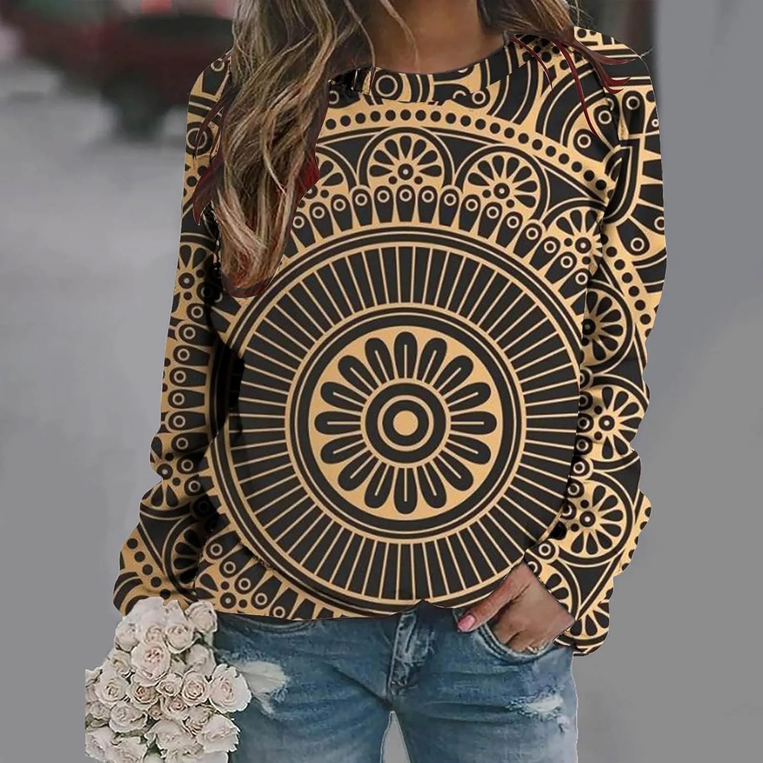 Loose Fitting Long Sleeve Tops for Women Aztec Ethnic Print Graphic Tee Shirts Casual Dressy Crewneck Sweatshirts