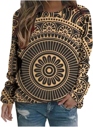Loose Fitting Long Sleeve Tops for Women Aztec Ethnic Print Graphic Tee Shirts Casual Dressy Crewneck Sweatshirts