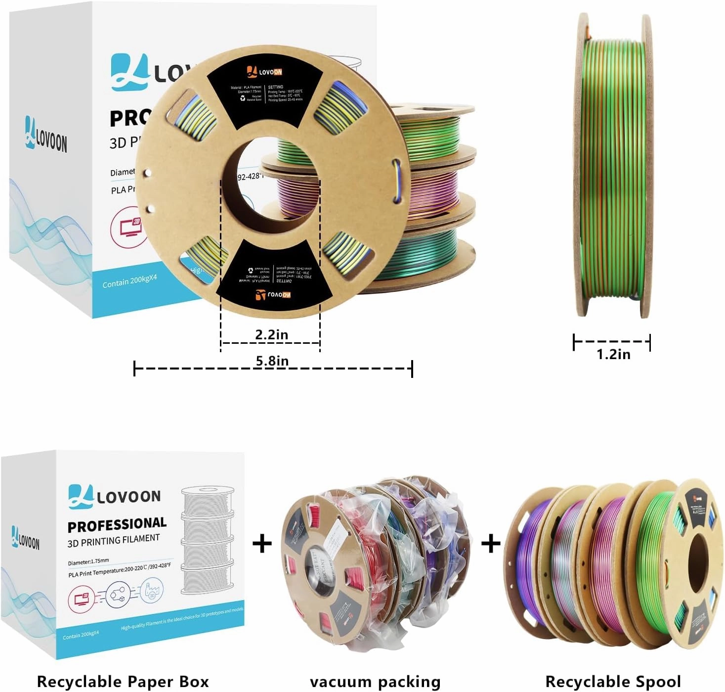 LOVOON 3D PLA Filament 1.75mm Bundle, Tricolor 3D Printer Filament Bundle, Rainbow Silk PLA Filament Bundle, PLA Filament for 3D Printer 3D Pen, Dimensional Accuracy  /-0.02mm, 200g x 4 Spools