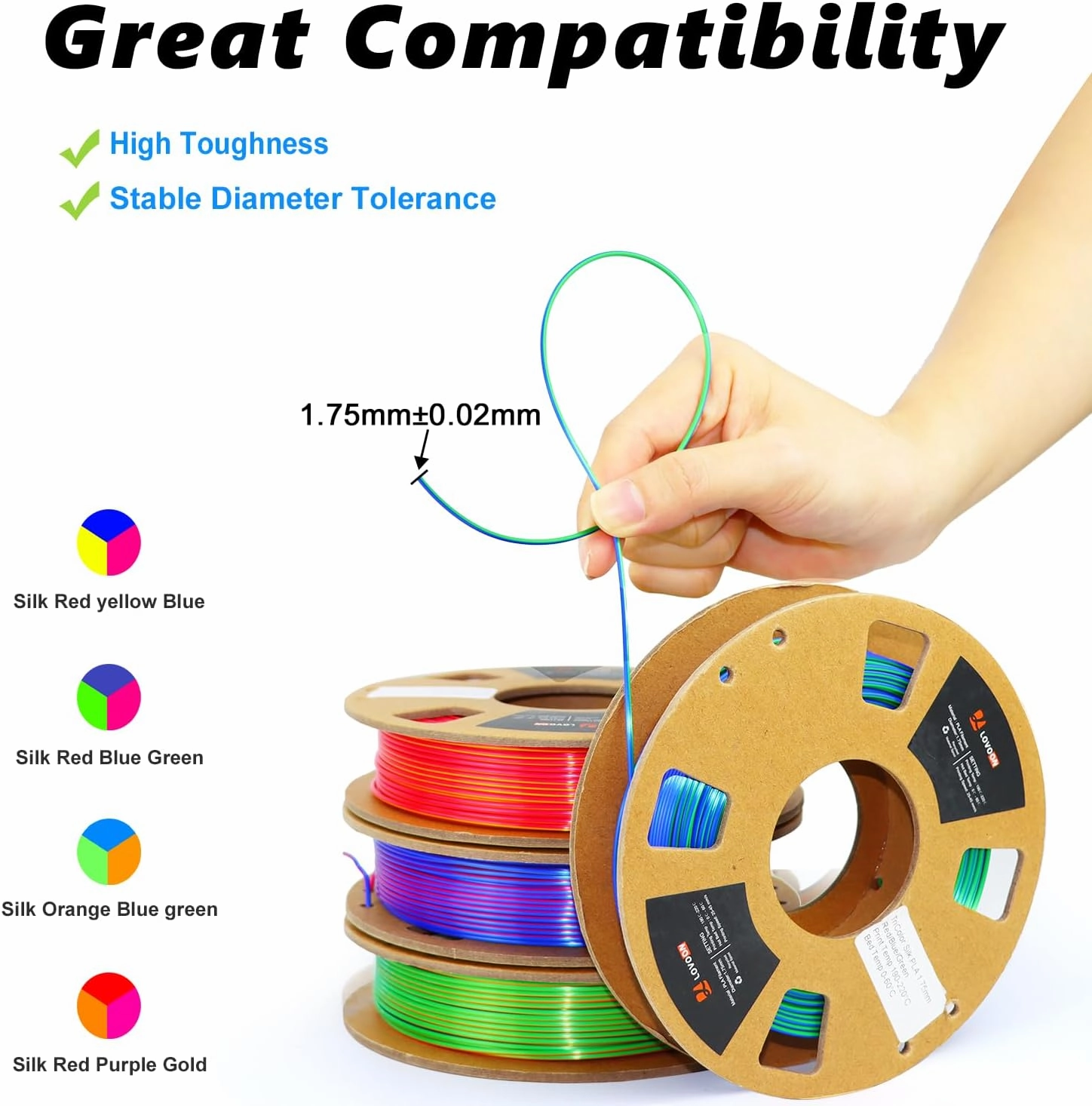 LOVOON 3D PLA Filament 1.75mm Bundle, Tricolor 3D Printer Filament Bundle, Rainbow Silk PLA Filament Bundle, PLA Filament for 3D Printer 3D Pen, Dimensional Accuracy  /-0.02mm, 200g x 4 Spools