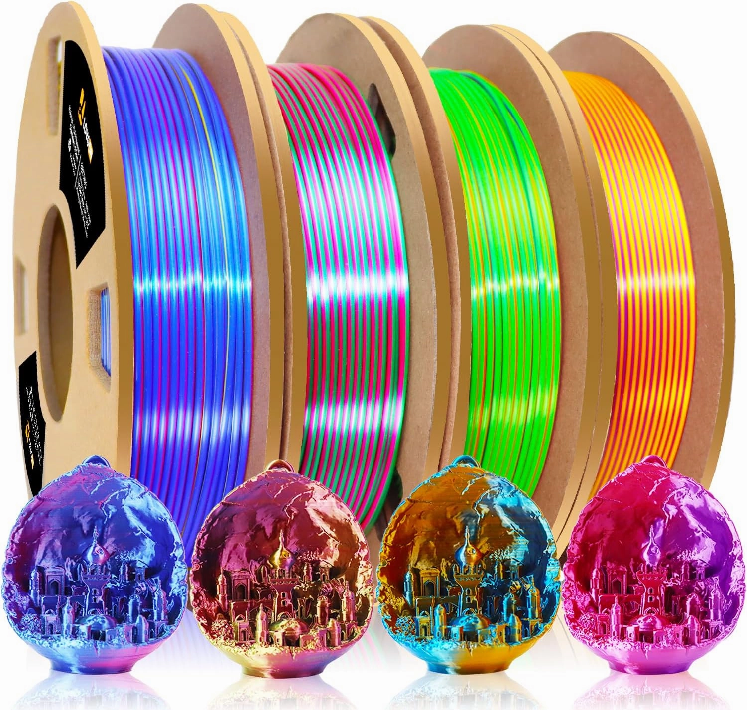 LOVOON 3D PLA Filament 1.75mm Bundle, Tricolor 3D Printer Filament Bundle, Rainbow Silk PLA Filament Bundle, PLA Filament for 3D Printer 3D Pen, Dimensional Accuracy  /-0.02mm, 200g x 4 Spools