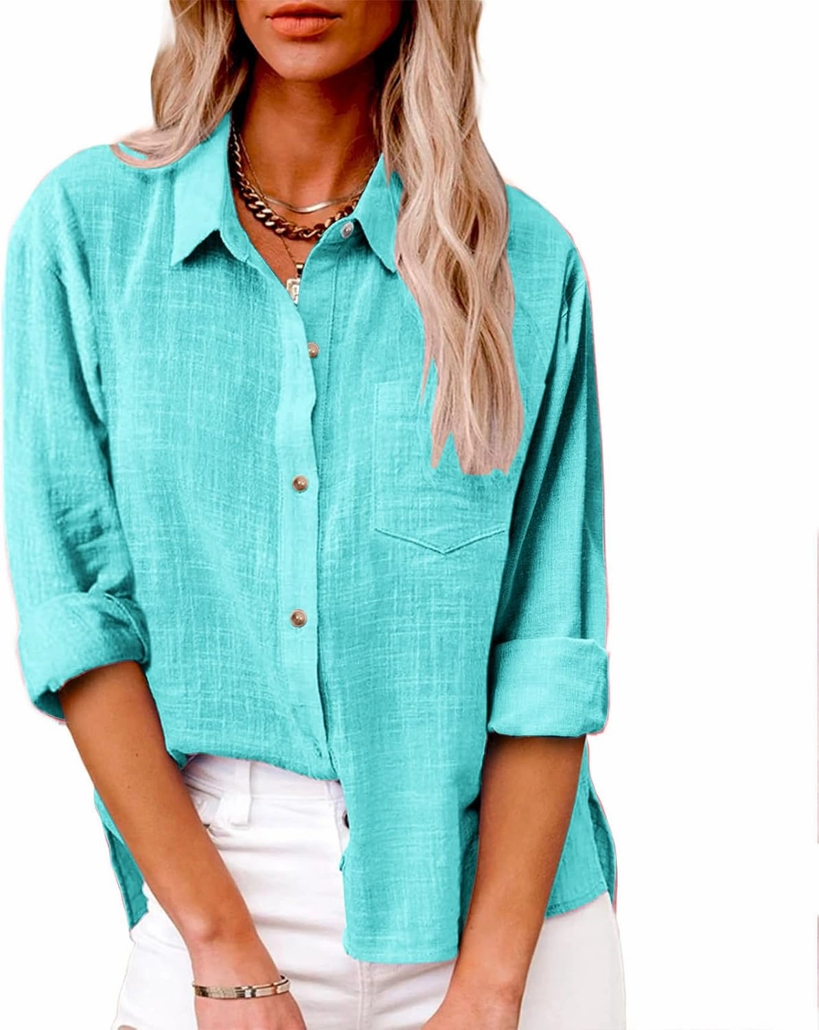 LRMQS Linen Shirts for Women Summer Long Sleeve Lapel Button Down Blouse Lightweight Gauze Loose Casual Fashion Shirt Clothes