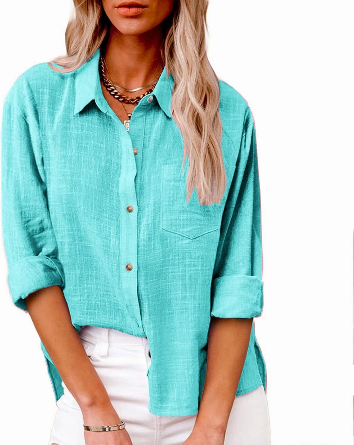 LRMQS Linen Shirts for Women Summer Long Sleeve Lapel Button Down Blouse Lightweight Gauze Loose Casual Fashion Shirt Clothes