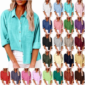 LRMQS Linen Shirts for Women Summer Long Sleeve Lapel Button Down Blouse Lightweight Gauze Loose Casual Fashion Shirt Clothes