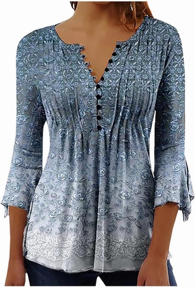 LRMQS Womens Spring Tops 2025 Casual Fashion 3/4 Bell Sleeve V Neck Tunic T-Shirts Vintage Floral Blouses Trendy Clothes