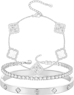 Lucky Four Leaf Bracelets Set - Silver Plated Cubic Zirconia Bangle for Women
