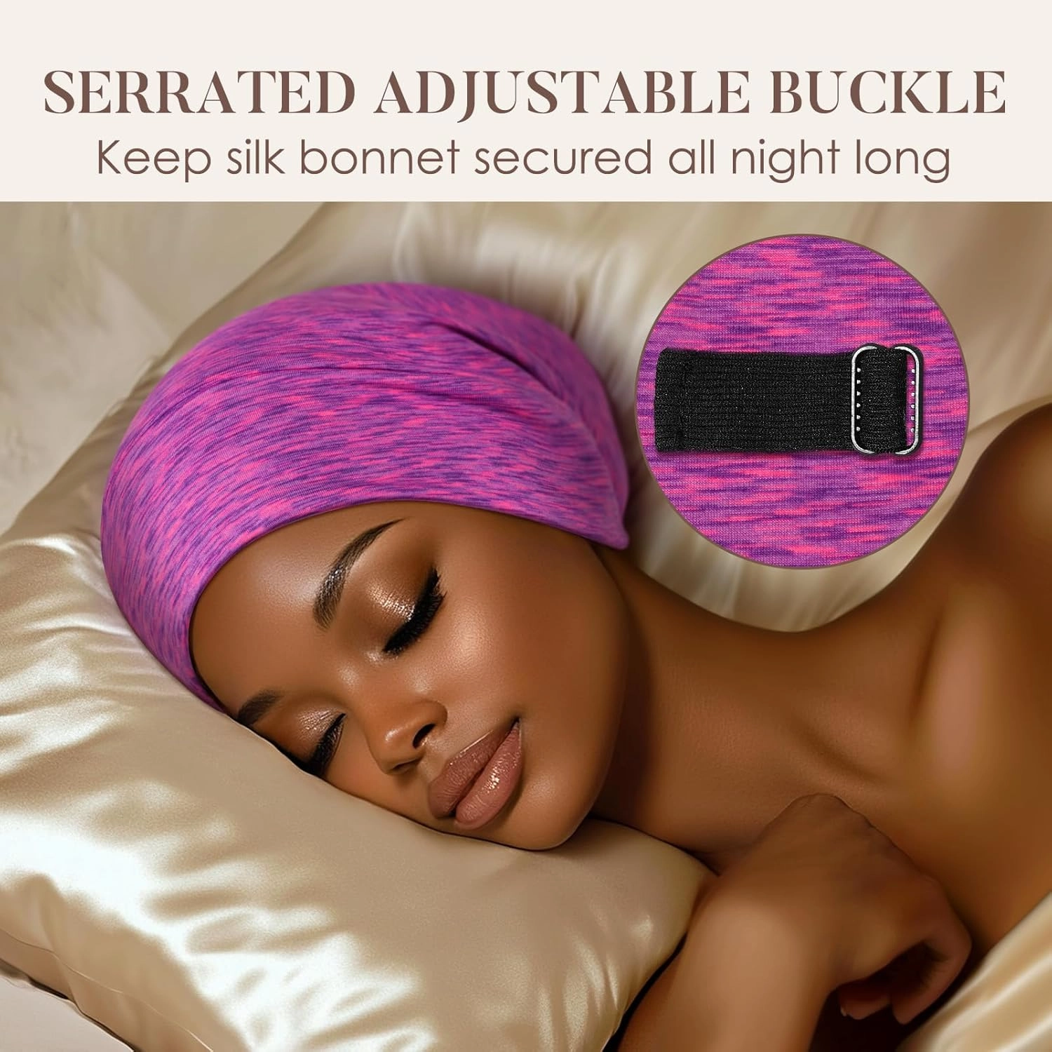 LULUSILK 100% Mulberry Silk Lined Sleep Cap Silk Bonnet for Sleeping, No More Frizzy Tangled Hair, Stay On All Night Adjustable Silk Hair Wrap for Sleeping, Hot Pink, Pack of 1