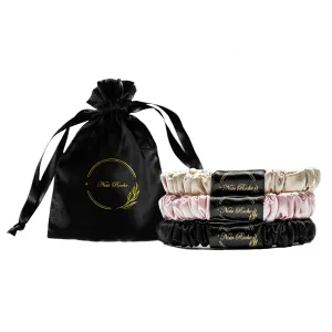 Luxury Silk Scrunchies with Travel Pouch- 100% Mulberry Silk Hair Ties- Gentle Elastic Hair Ties for All Hair Types- OEKO TEX Standard 100 (Set of 3: Black, Pink, Beige)