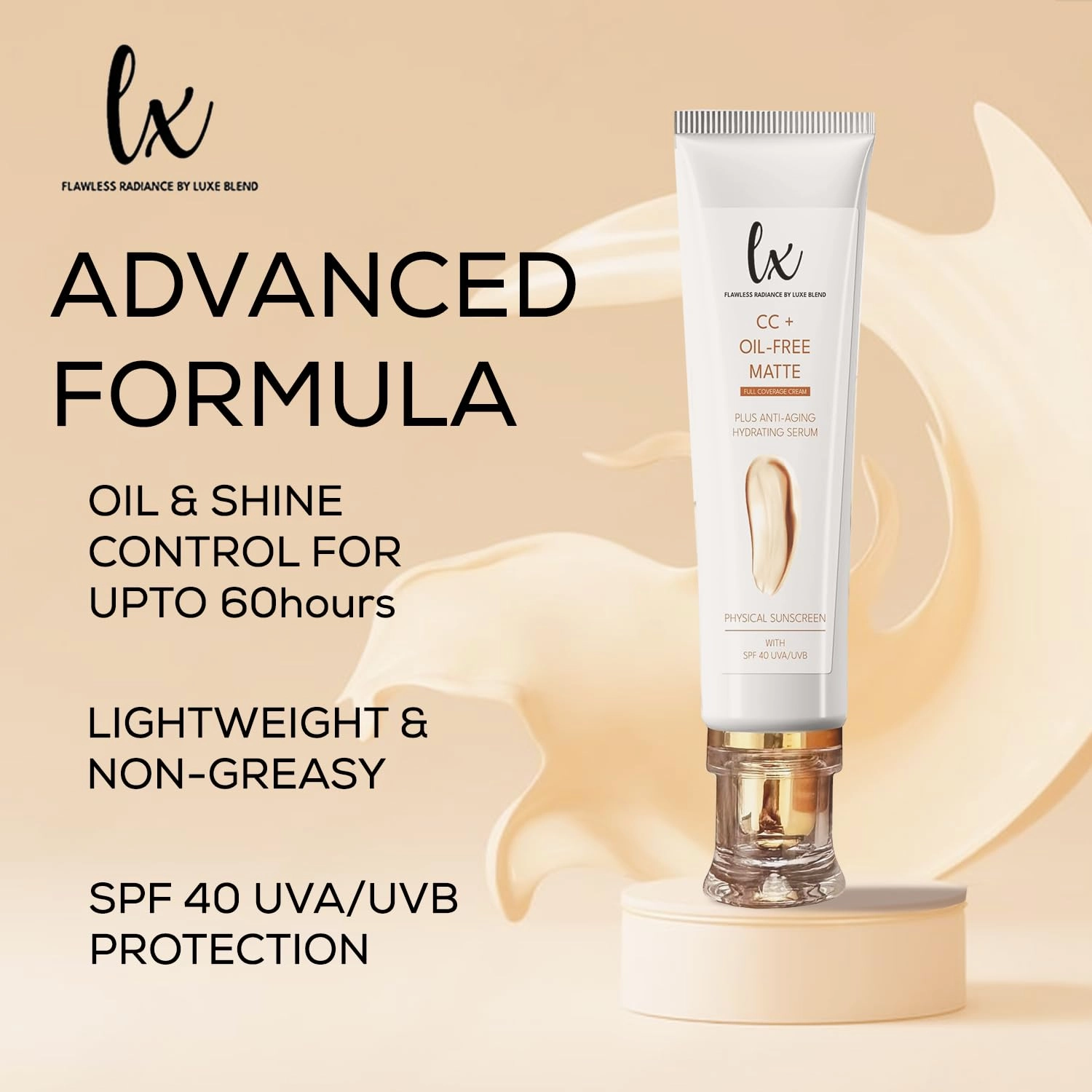 Lx Blend CC  Cream | Oil-Free Matte Foundation with SPF 40 | Full Coverage, Anti-Aging, Long-Wear Hydrating Makeup for Oily Skin | Fragrance-Free, Shine Control, 1.08 FL OZ