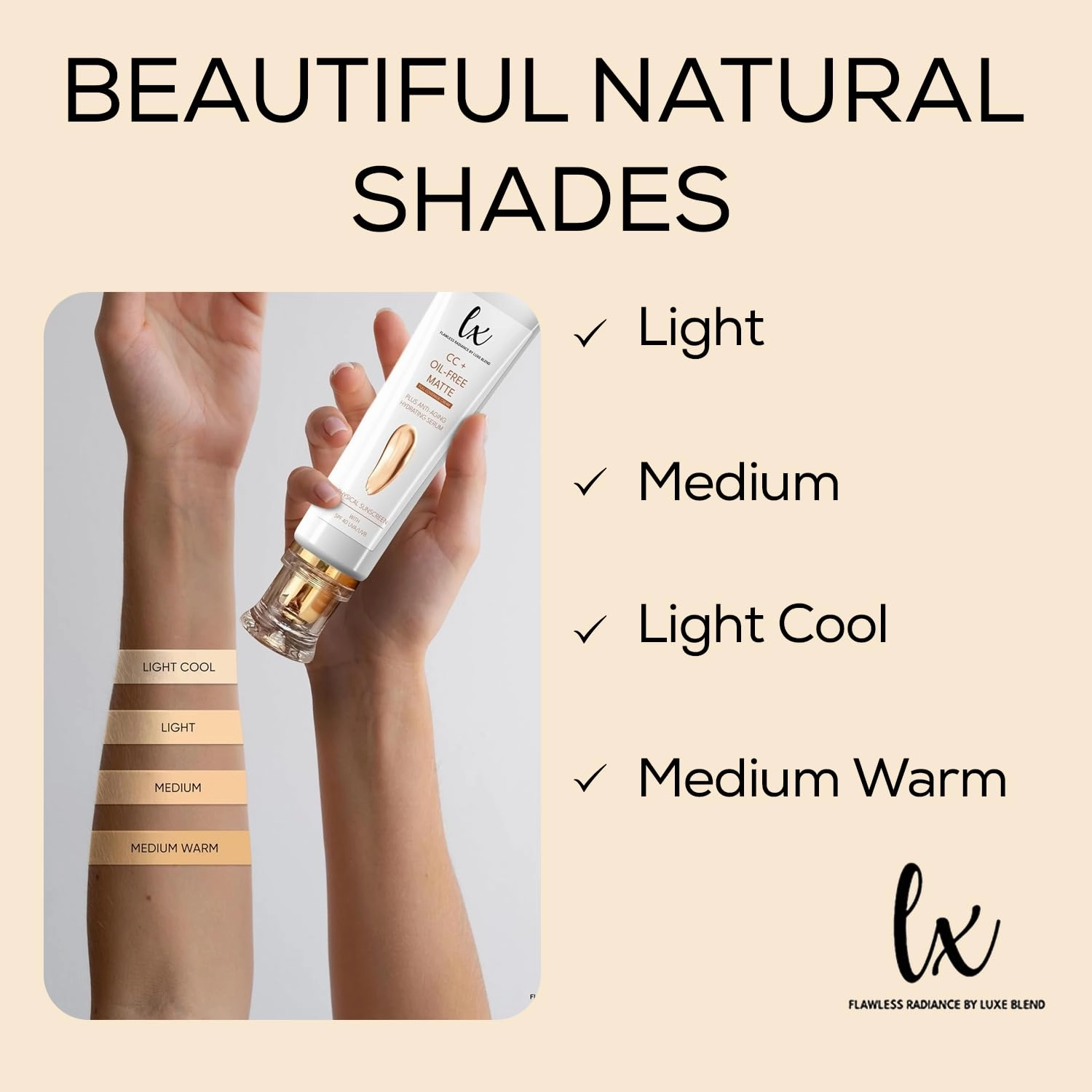 Lx Blend CC  Cream | Oil-Free Matte Foundation with SPF 40 | Full Coverage, Anti-Aging, Long-Wear Hydrating Makeup for Oily Skin | Fragrance-Free, Shine Control, 1.08 FL OZ