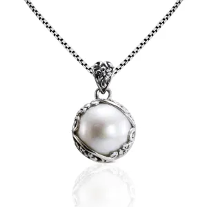 mabe pearl pendant decorated with beautiful floral art edge in 925 sterling silver