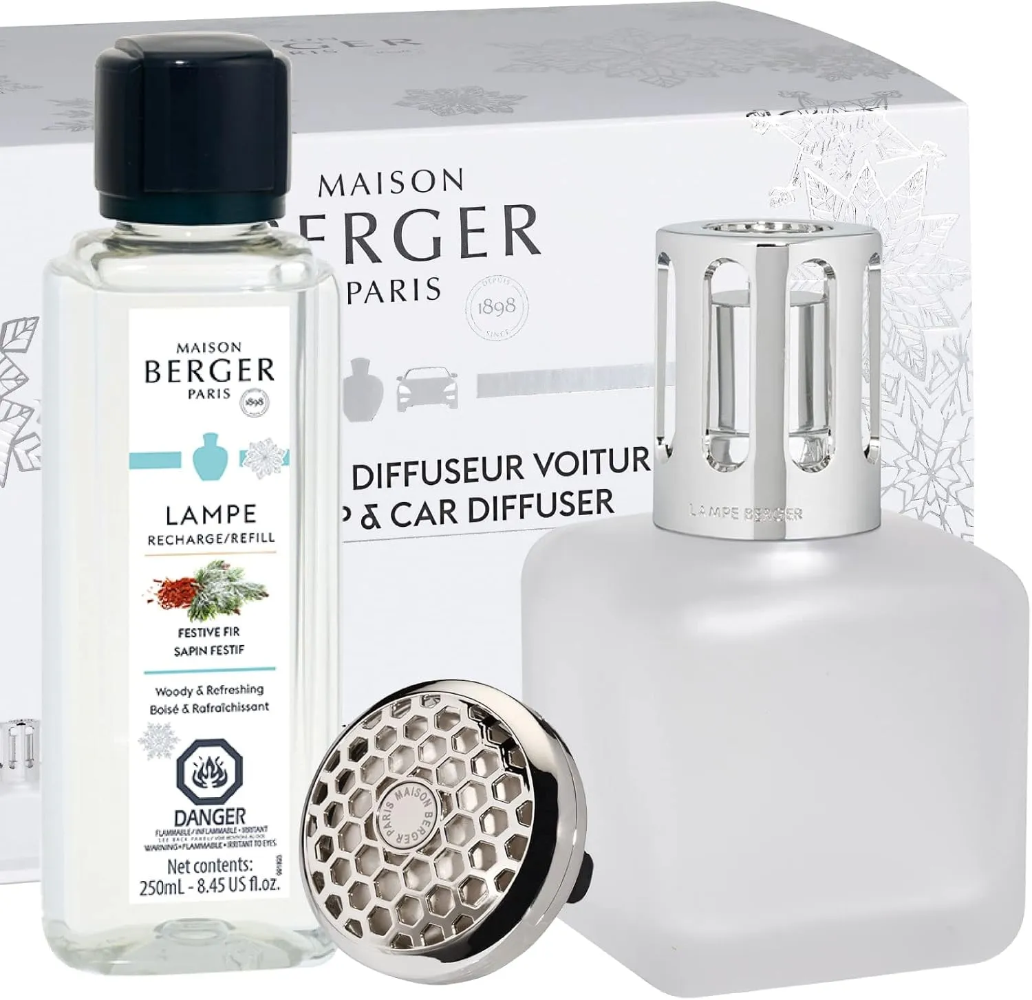 MAISON BERGER Mixed Gift Set - Holiday Collection - Includes Lamp Gift Set   Fragrance Festive Fir 8.45 Fluid Onces - 250 milliliters   Refillable Car Vent Clip Diffuser Set
