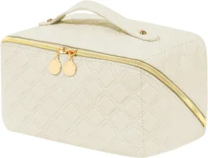 Makeup Bag Travel Makeup Bag Toiletry Bag Open Flat Cosmetic Bag Large Capacity Waterproof Portable Makeup Bag Organizer for Travel Gifts and Daily Use White Bag