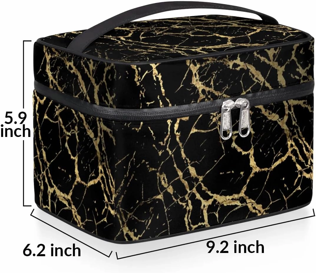 Makeup Bag Large Black Marble Gold Texture Toiletry Bag for Women Travel Cosmetic Bag Portable Makeup Bag for Bottles Brushes Lipstick Skin Care