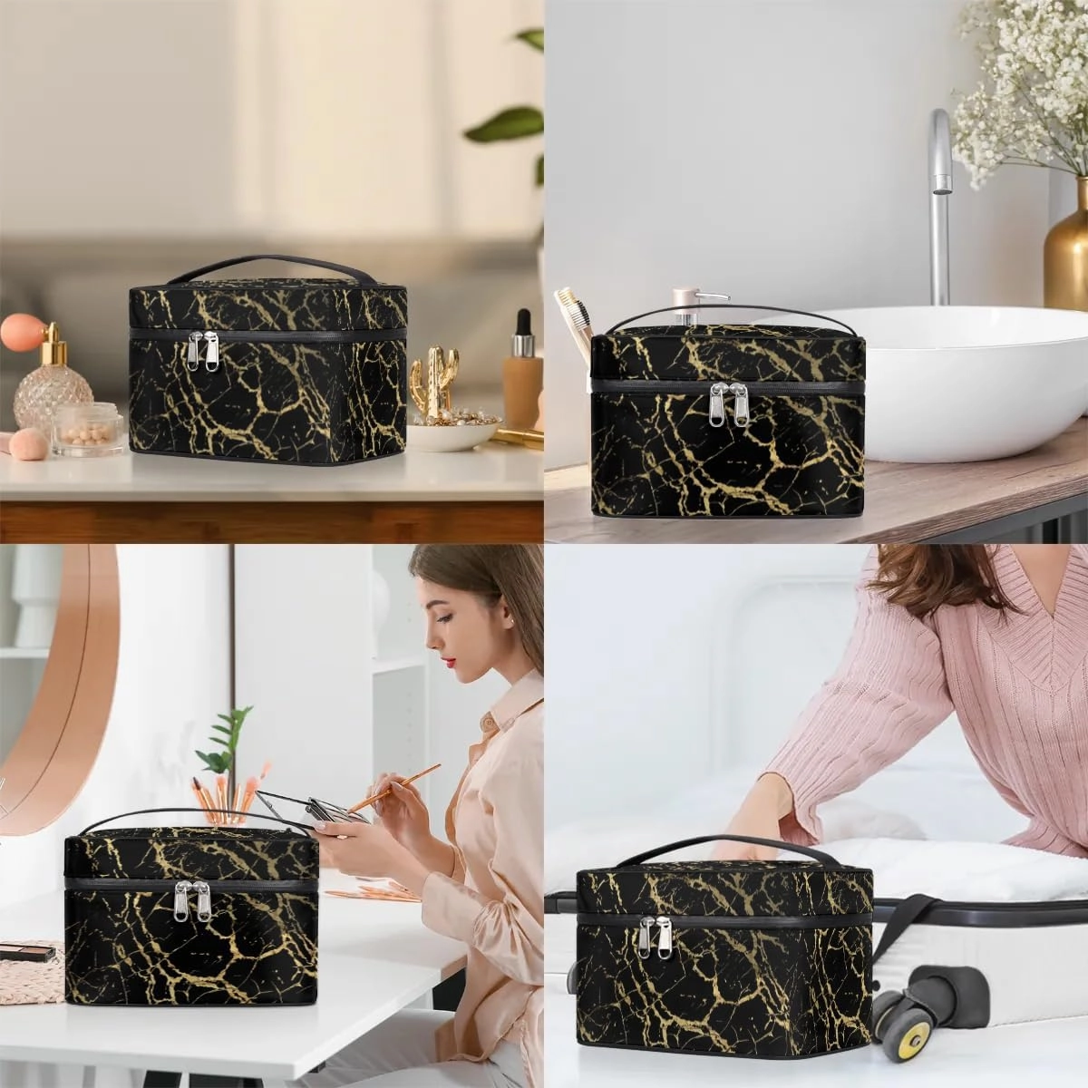 Makeup Bag Large Black Marble Gold Texture Toiletry Bag for Women Travel Cosmetic Bag Portable Makeup Bag for Bottles Brushes Lipstick Skin Care