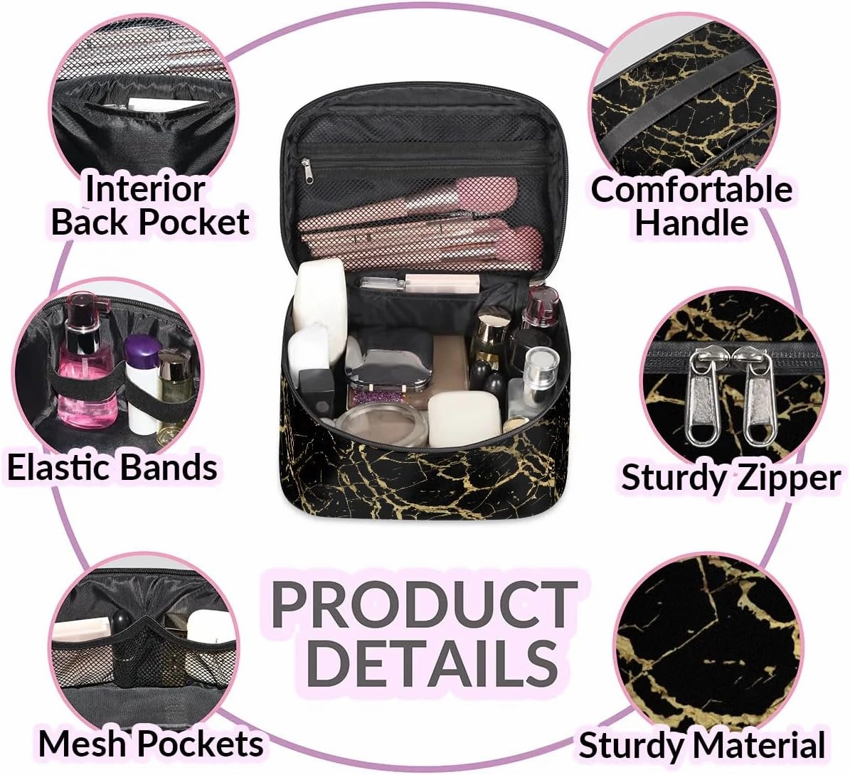 Makeup Bag Large Black Marble Gold Texture Toiletry Bag for Women Travel Cosmetic Bag Portable Makeup Bag for Bottles Brushes Lipstick Skin Care