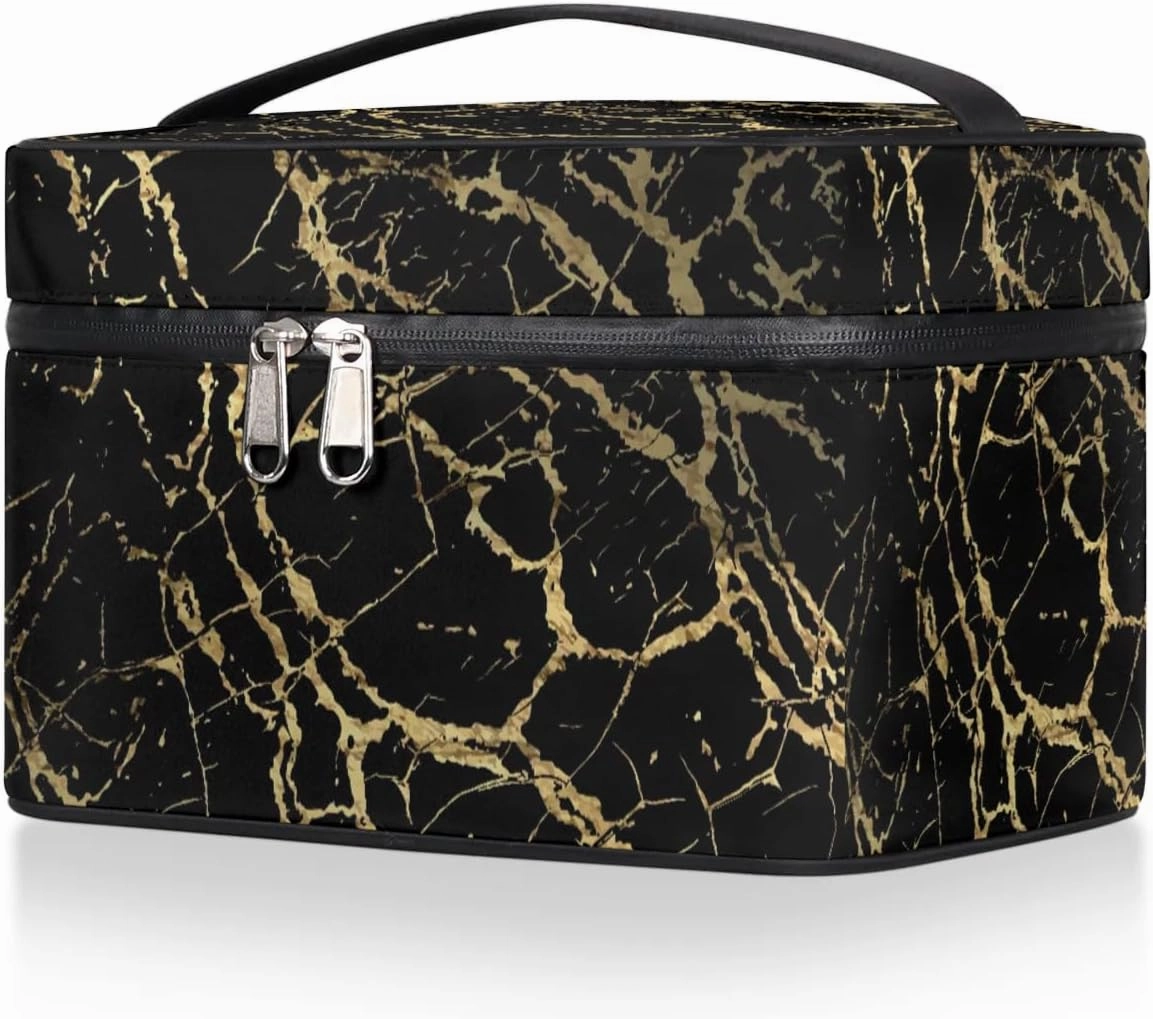 Makeup Bag Large Black Marble Gold Texture Toiletry Bag for Women Travel Cosmetic Bag Portable Makeup Bag for Bottles Brushes Lipstick Skin Care