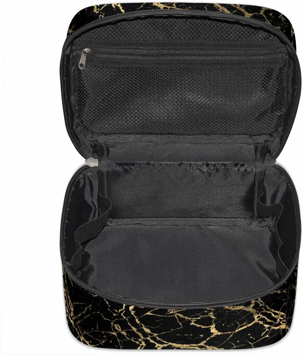 Makeup Bag Large Black Marble Gold Texture Toiletry Bag for Women Travel Cosmetic Bag Portable Makeup Bag for Bottles Brushes Lipstick Skin Care