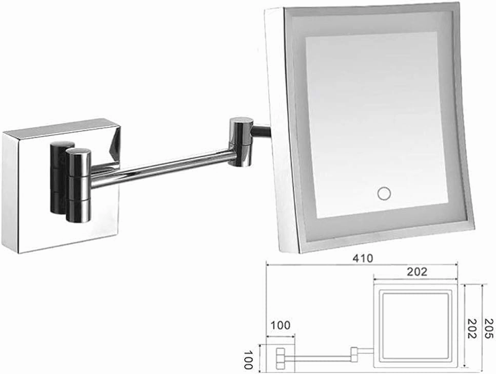 Makeup Mirror 3X Vanity Mirror,Square Touch LED Single-Sided Makeup Mirror with Light Folding Extension Mirror Bathroom Wall-Mounted Magnifying Beauty Mirror Cosmetic Mirror(Silver White,Plug)