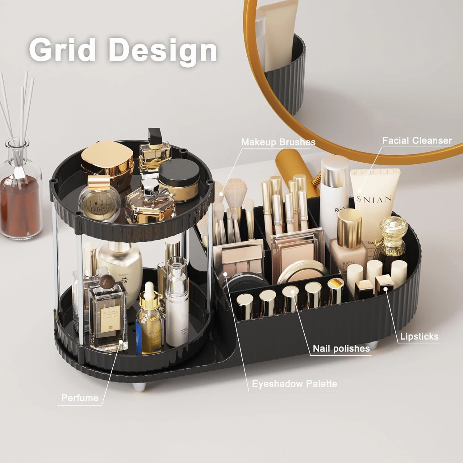 Makeup Organizer Countertop with Partition Slot for Vanity, Plastic Vanity Storage, 2-in-1 Large Desk Makeup and Skincare Organizers with Perfume Tray for Cosmetics Bathroom