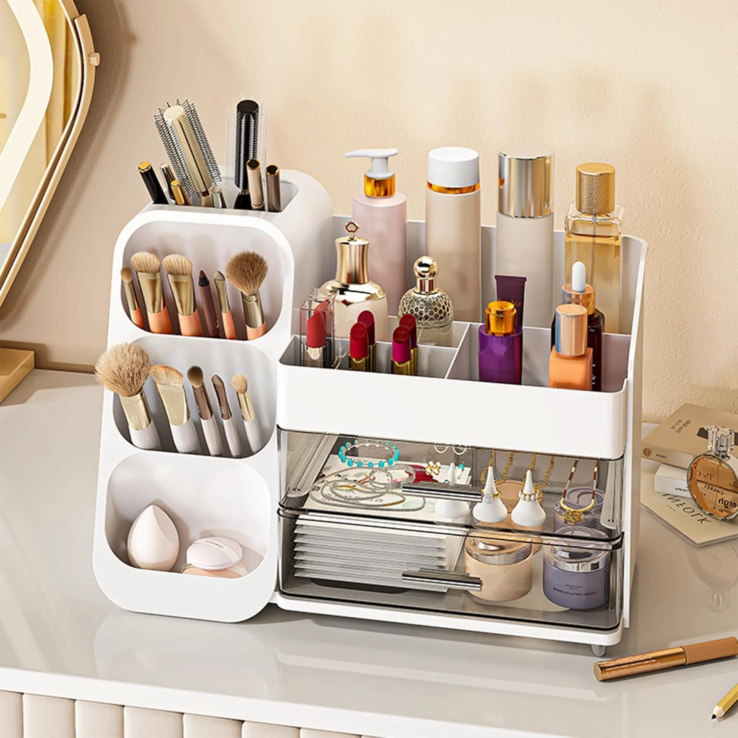 Makeup Organizer for Vanity, Large Capacity Display Case with Drawers for Skincare, Brushes, Lipsticks, Cosmetics, Perfect for Bathroom, Bedroom Storage(White)