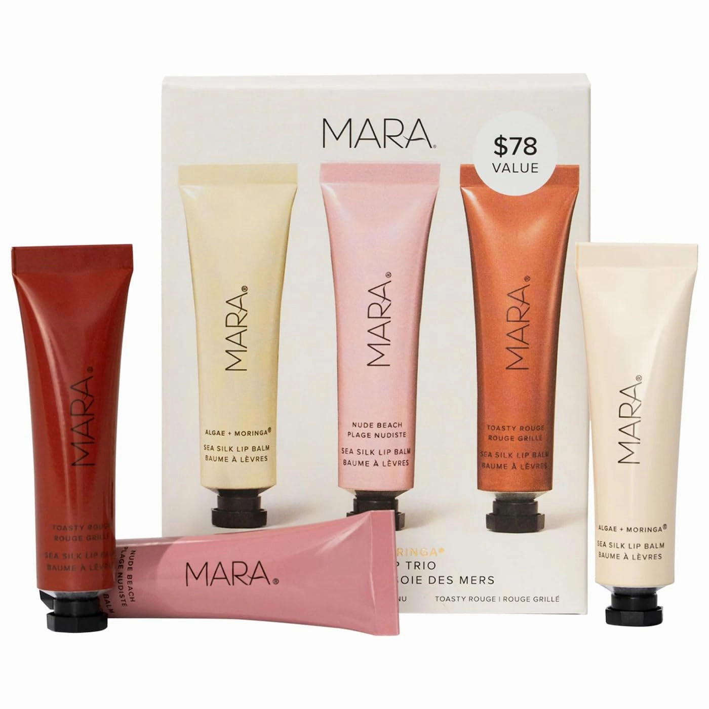 MARA - Sea Silk Lip Balm Trio | Plant-Based, Vegan Skin Care, Hypoallergenic | Moisturize, Plump, Soothe | Made with Algae | Clear, Nude Beach, & Toasty Rouge (3 Piece Set)