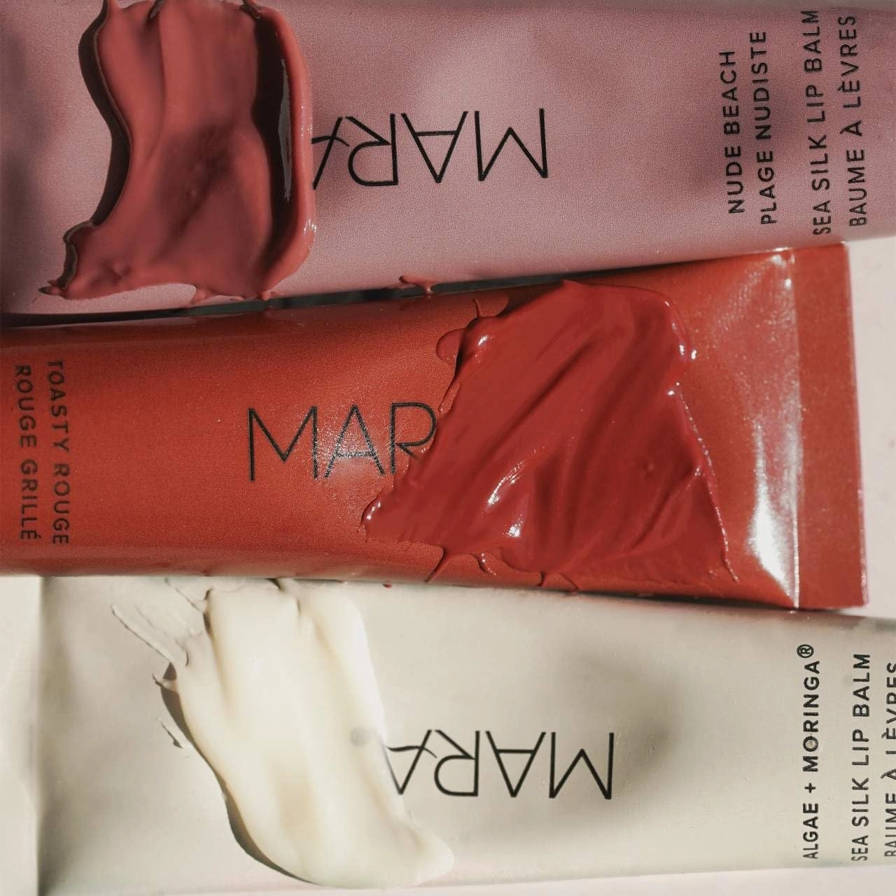 MARA - Sea Silk Lip Balm Trio | Plant-Based, Vegan Skin Care, Hypoallergenic | Moisturize, Plump, Soothe | Made with Algae | Clear, Nude Beach, & Toasty Rouge (3 Piece Set)