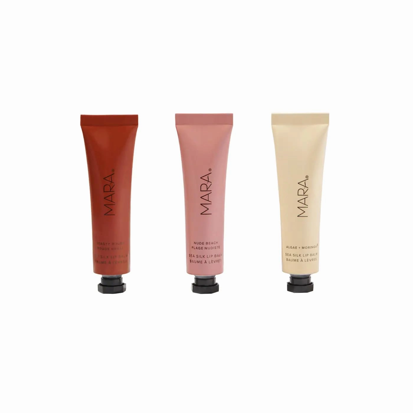 MARA - Sea Silk Lip Balm Trio | Plant-Based, Vegan Skin Care, Hypoallergenic | Moisturize, Plump, Soothe | Made with Algae | Clear, Nude Beach, & Toasty Rouge (3 Piece Set)