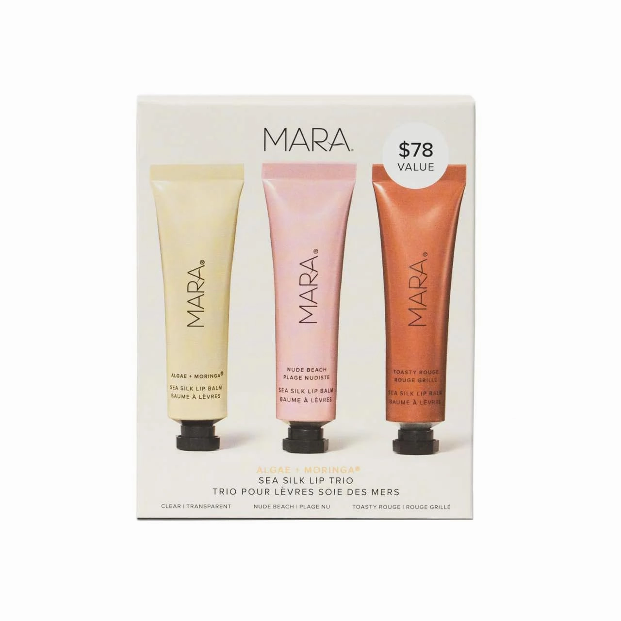 MARA - Sea Silk Lip Balm Trio | Plant-Based, Vegan Skin Care, Hypoallergenic | Moisturize, Plump, Soothe | Made with Algae | Clear, Nude Beach, & Toasty Rouge (3 Piece Set)