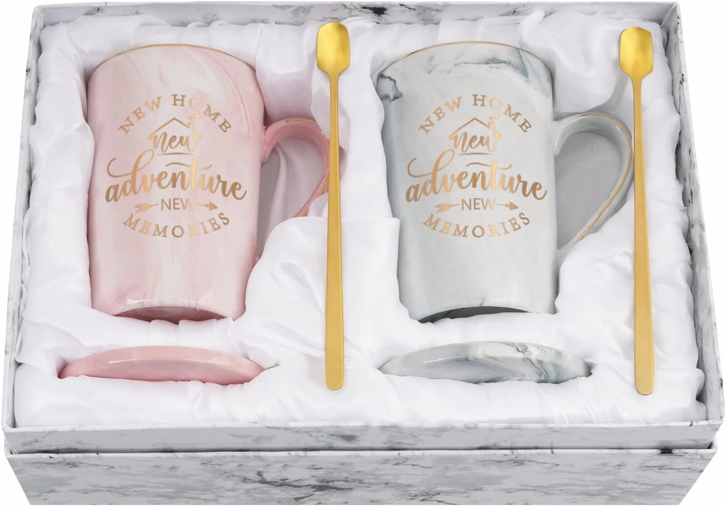 Maustic House Warming Gifts New Home, First Home Gifts, Housewarming Gift, Gift Ideas for Women Guys Couple, New Adventure Coffee Mugs Set, 14 Oz Pink & Gray