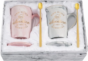 Maustic House Warming Gifts New Home, First Home Gifts, Housewarming Gift, Gift Ideas for Women Guys Couple, New Adventure Coffee Mugs Set, 14 Oz Pink & Gray