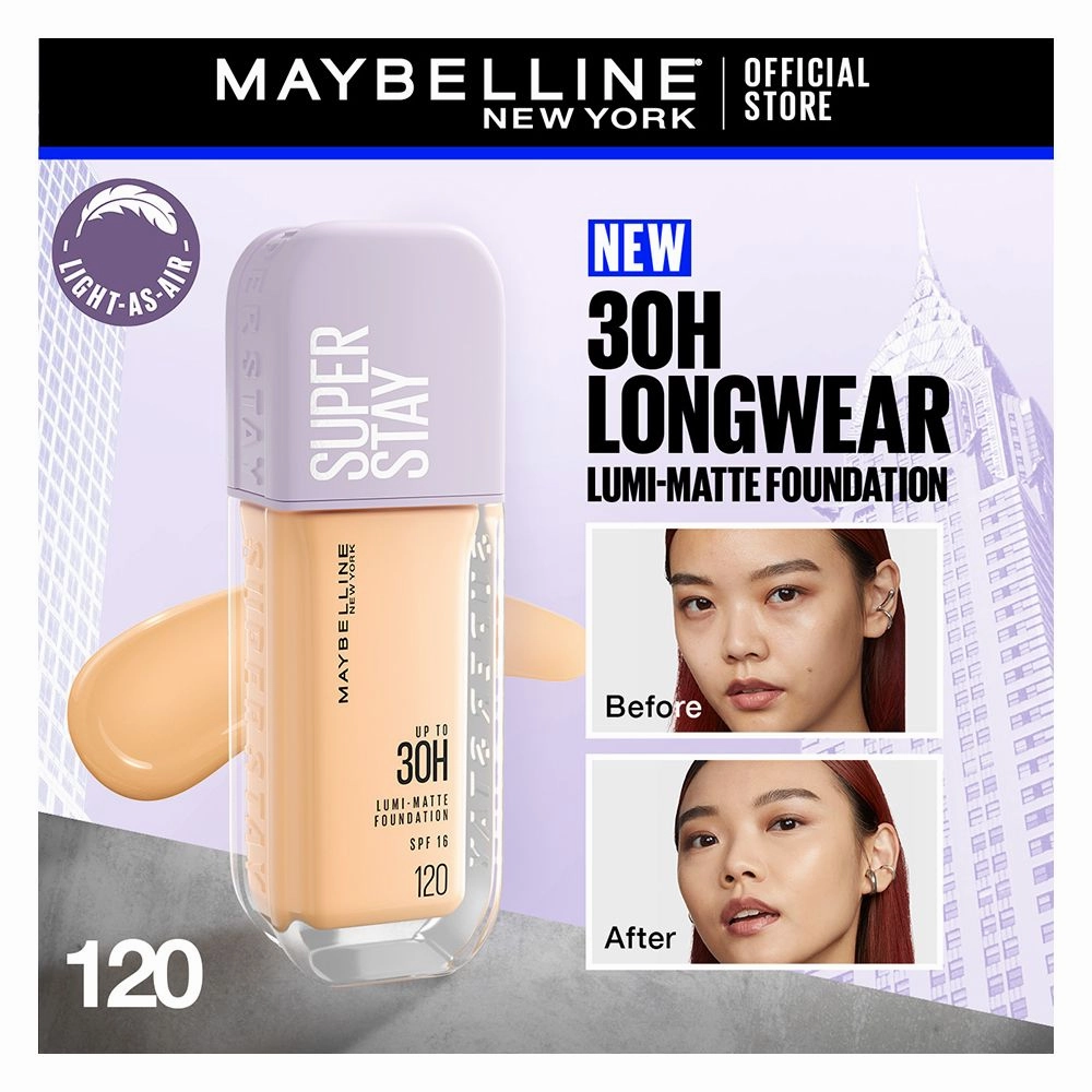 Maybelline New York Superstay Lumi Matte Liquid Foundation With SPF-16, 30H Weightless Longwear, 30ml, 120