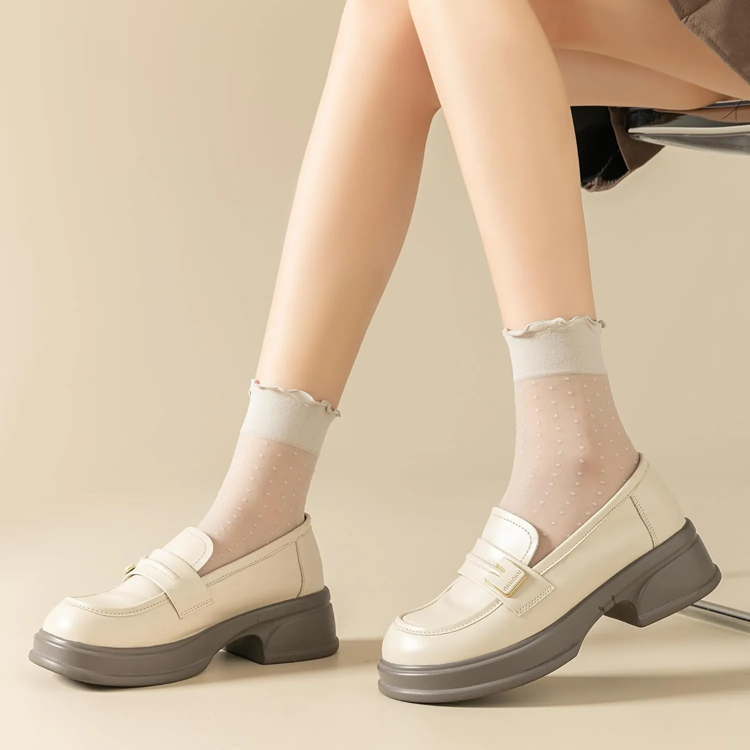 Mcool Mary 12 Pairs Women's Sheer Ruffle Socks Nude Stocking Summer Ultra Thin Cool See Through Silk Ankle Socks for Women