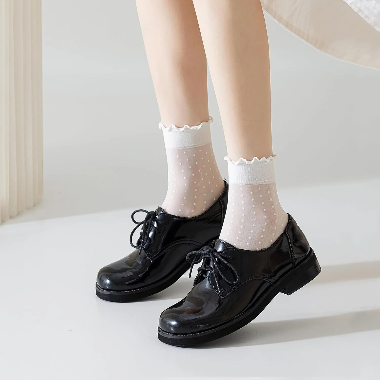 Mcool Mary 12 Pairs Women's Sheer Ruffle Socks Nude Stocking Summer Ultra Thin Cool See Through Silk Ankle Socks for Women