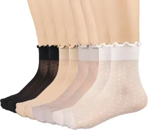 Mcool Mary 12 Pairs Women's Sheer Ruffle Socks Nude Stocking Summer Ultra Thin Cool See Through Silk Ankle Socks for Women