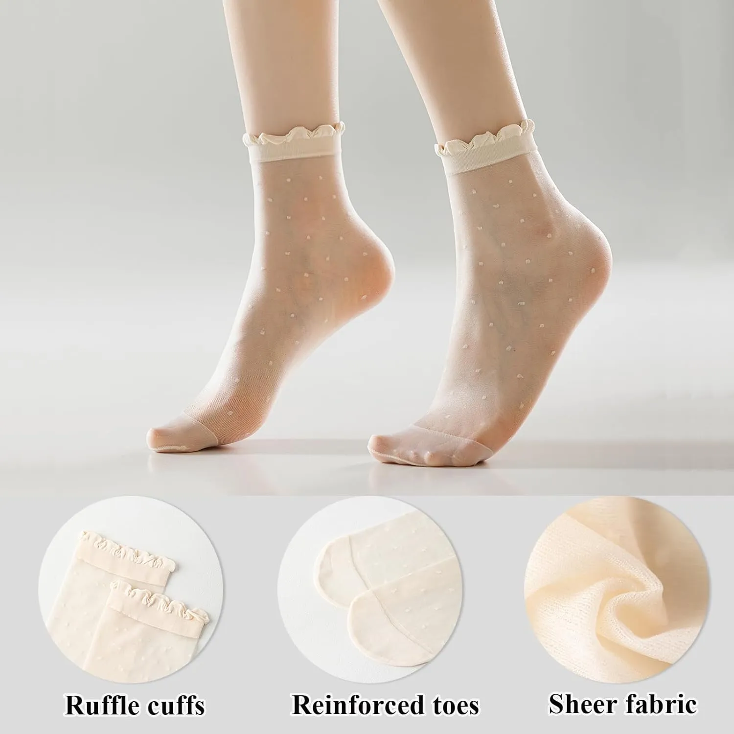Mcool Mary 12 Pairs Women's Sheer Ruffled Socks Frilly Ankle High Nude Nylon Stocking Ultra Thin Cool Silk Socks for Women