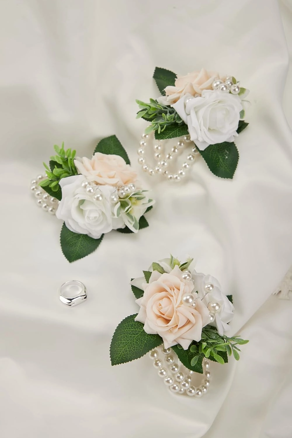 Meldel Wrist Corsage for Wedding White and Champagne Rose, Set of 6, Wrist Corsages for Bride Bridesmaid Mother Wrist Flower Girl Women Prom Party, Homecoming Ceremony Anniversary Wedding Gift