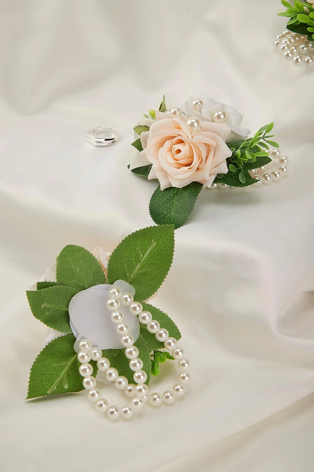 Meldel Wrist Corsage for Wedding White and Champagne Rose, Set of 6, Wrist Corsages for Bride Bridesmaid Mother Wrist Flower Girl Women Prom Party, Homecoming Ceremony Anniversary Wedding Gift