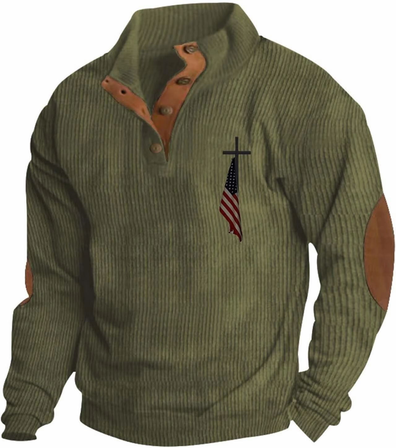Men's Corduroy Sweatshirt Casual Long Sleeve Stand Collar Button Pullover Sweatshirts Print Thick Shirts with Pockets