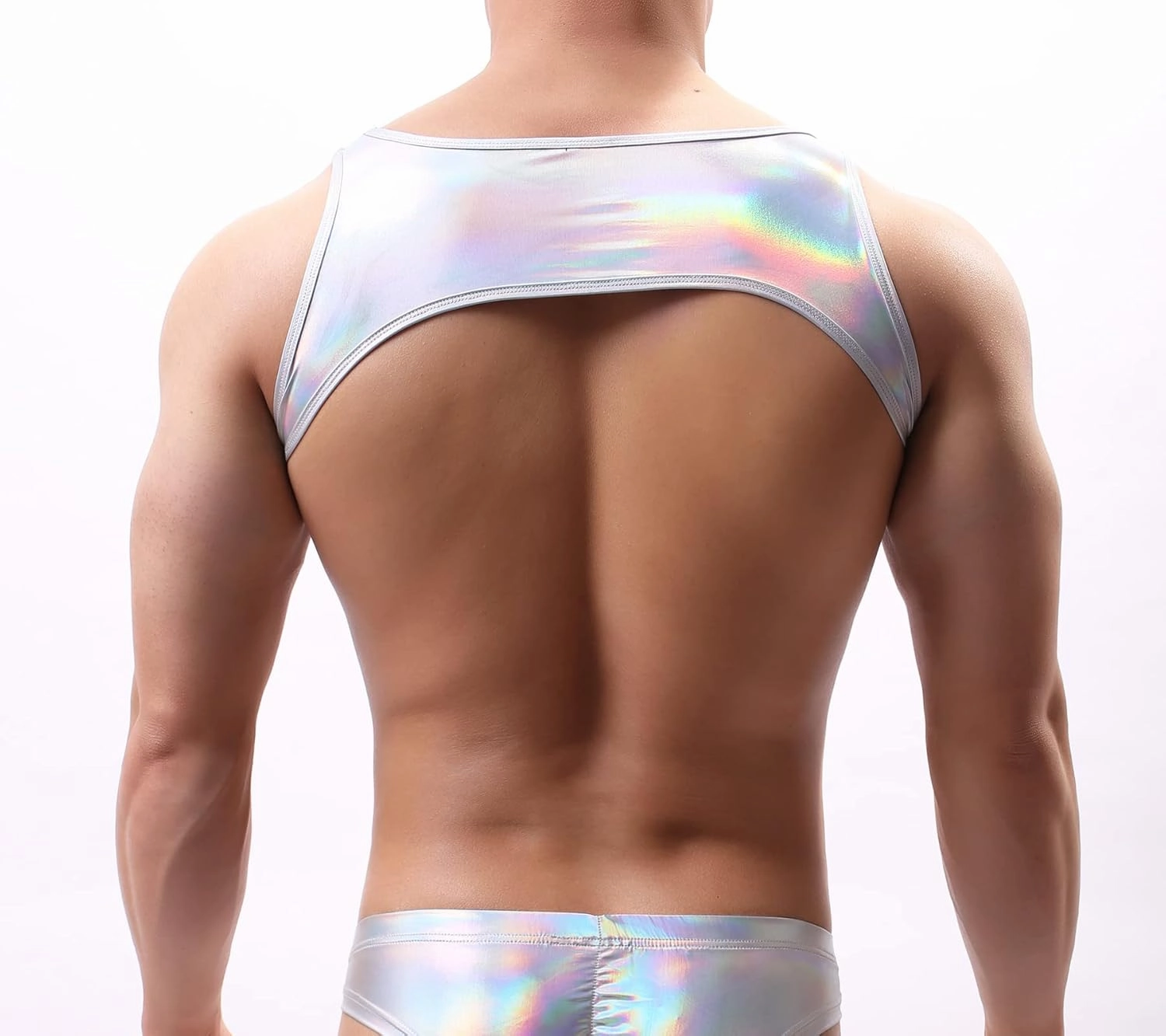 Men's Shiny Metallic Muscle Half Tank Tops Sleeveless Shoulder Chest Strap Harness Costume